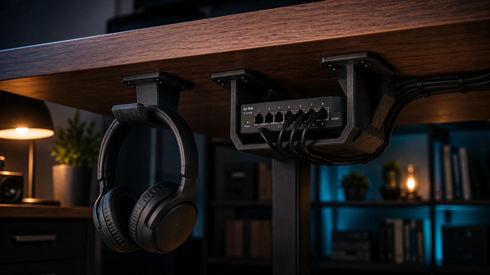 Under-desk headset and network hardware